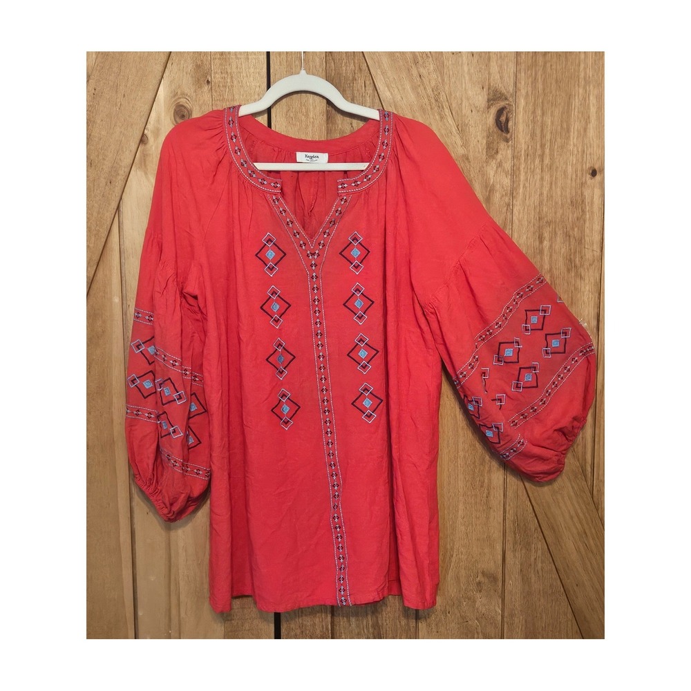 Hayden Tunic Dress XL Berry Red Geometric Embroidered Balloon Sleeve H3170W #783